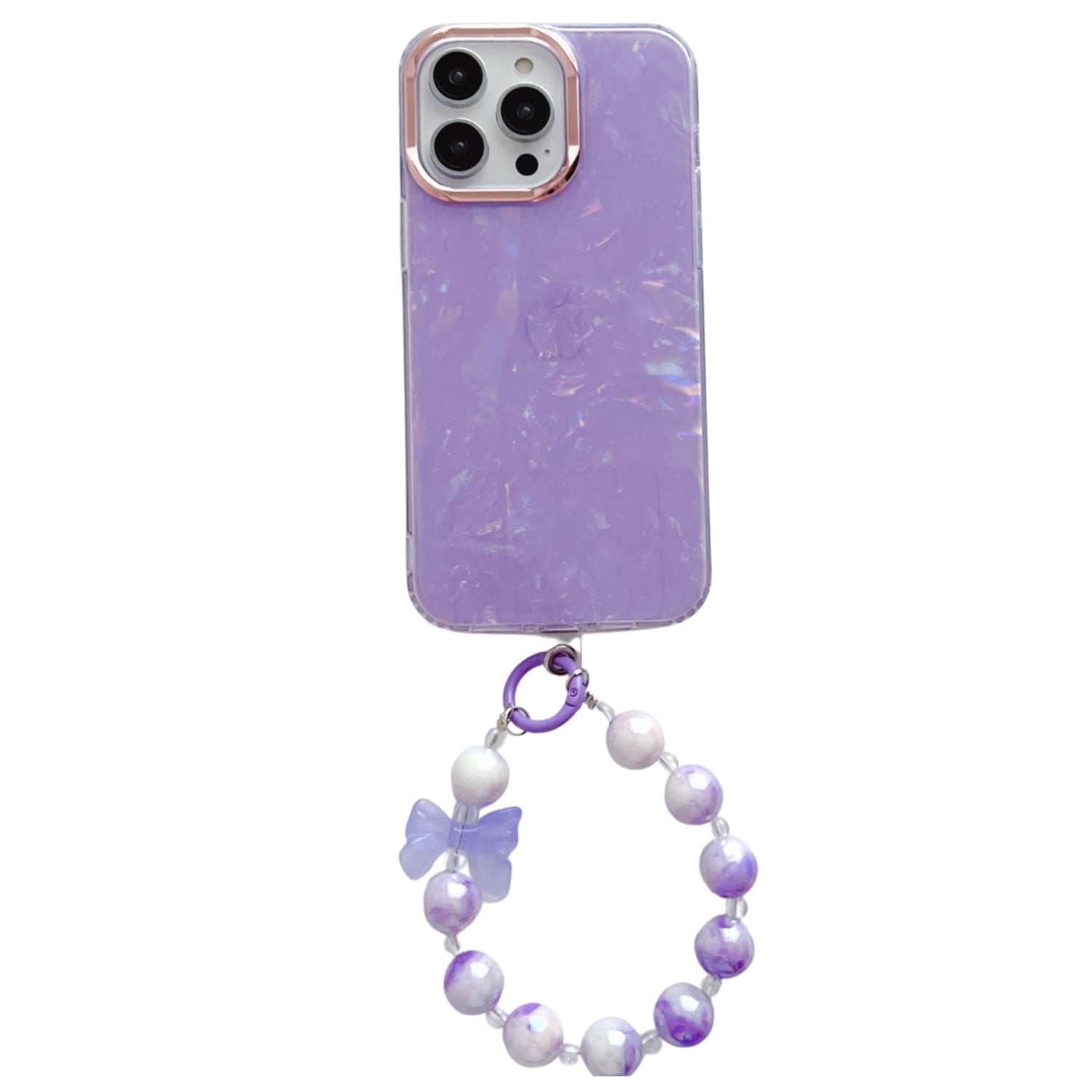 Uniqkart for iPhone 13 Pro Max 6.7 inch TPU+PC Phone Cover IMD Shell Pattern Anti-drop Case with Pearl Hand Chain - Light Purple Uniqkart for iPhone 13 Pro Max 6.7 inch TPU+PC Phone Cover IMD Shell Pattern Anti-drop Case with Pearl Hand Chain - Light Purple